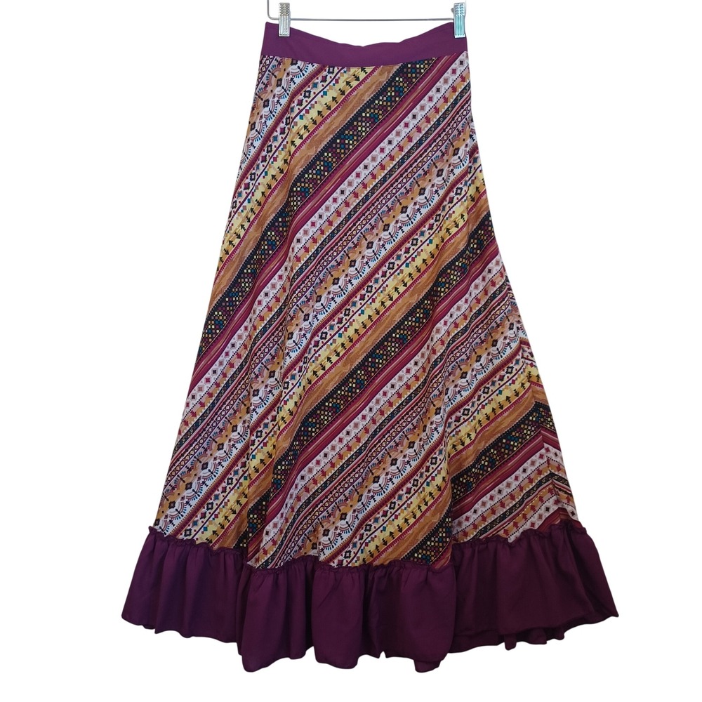 Lakhays Purple Geometric Tribal Print Maxi Skirt Smocked Waist Ruffle Hem M/L